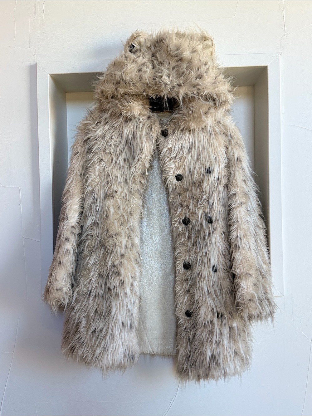 Faux Fur Hooded Coat - Beige